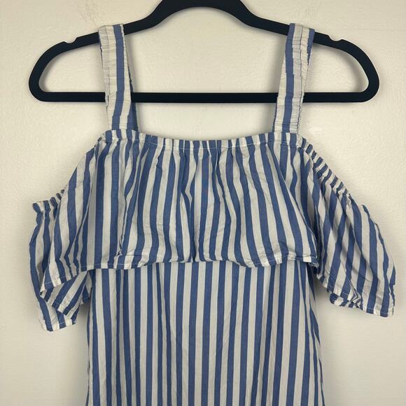 Anthropologie Whit Two Womens Ruffle Off The Shoulder Blue/White Striped Dress - Picture 3 of 8